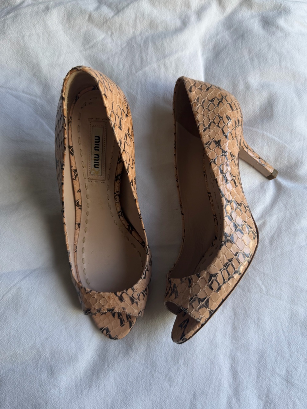 Miu Miu Peach Snakeskin Peep Toe Pumps